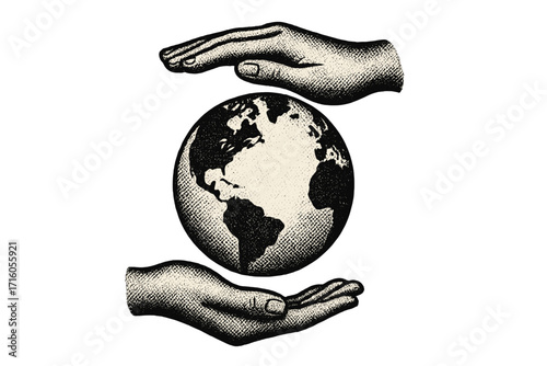 Earth Day vintage halftone collage. Human hands supporting and protecting the planet. Global conservation, environment care concept. Retro engraving style vector illustration.