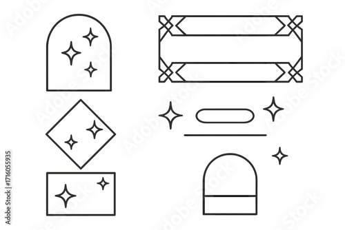 Y2K minimalist aesthetic line elements set. Trendy linear frames with stars and sparkles. Simple flat geometric forms. Arch frame, simple decorative boho style vector icons.