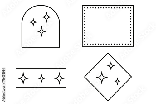 Y2K minimalist aesthetic line elements set. Trendy linear frames with stars and simple flat geometric forms. Arch frame with sparkles and simple decorative boho style.