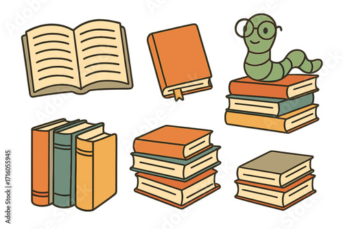 Reading and education vector set. Collection of book piles, open book and a cute bookworm with glasses. Retro cartoon illustration for library, learning, literature and knowledge.