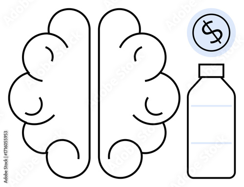 Brain outline with a supplement bottle containing a dollar sign, emphasizing cognitive health, investment, well-being, mental clarity, healthcare choices, financial planning, and balanced living. A