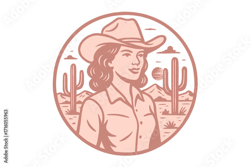 Vintage cowgirl in desert emblem with cactus landscape & cowboy hat. Retro western pink design of a wild west woman. Let's go girl concept. Country round vector logo.