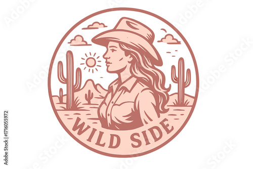 Retro cowgirl emblem with desert cactus and cowboy hat. Pink vintage western design with 'Let's go girl' slogan. Wild west graphic concept for Nashville bachelorette or t-shirt print.