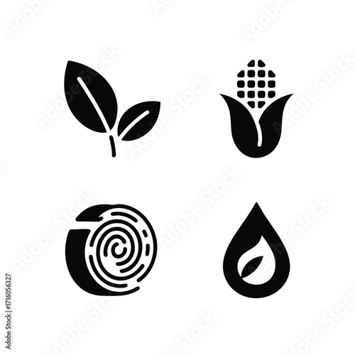 Biofuel and biomass icon set, 4 icons leaf, corn, wood pellets, ethanol drop.
