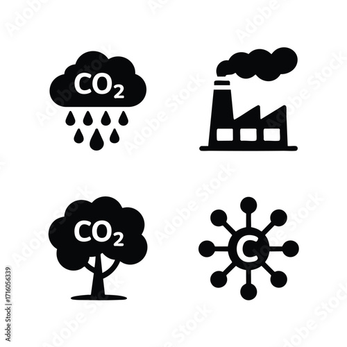 Carbon capture icon set, 4 icons CO2 cloud being trapped, factory with filter, tree absorbing CO2, carbon molecule.