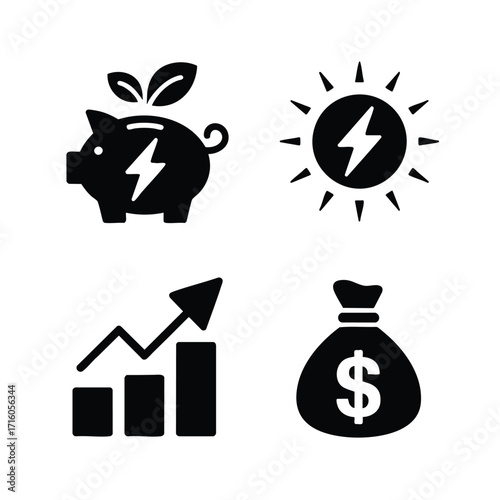 Energy investment icon set piggy bank with a leaf, rising chart with a lightning bolt, money bag with a sun.