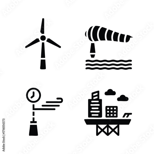 Wind power technology icon set wind turbine, windsock, anemometer, offshore platform.