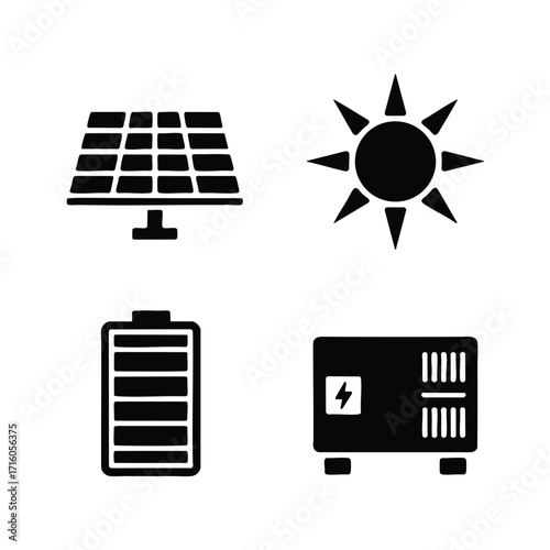 Solar power technology icon set solar panel, sun, battery storage, power inverter.