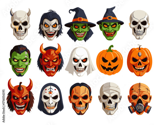 Spooky Halloween monsters collection vector, including skulls, witches, devils, and pumpkins for scary party decorations.


