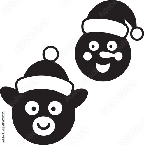 Cute Santa-hat animal & elf faces – black & white Christmas silhouette vector