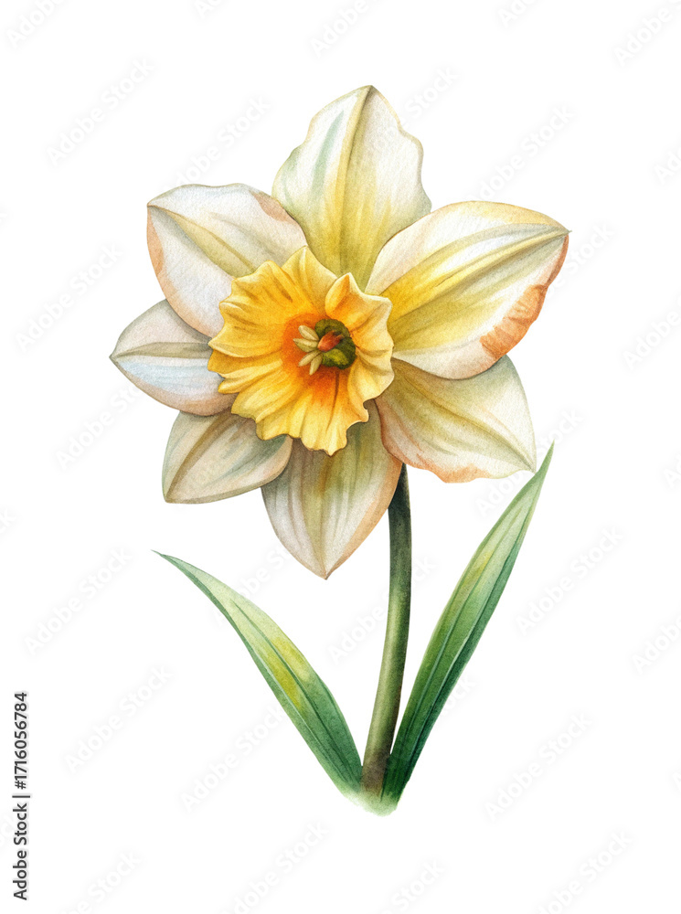 Fototapeta premium Watercolor illustration of a single daffodil flower with green leaves on white