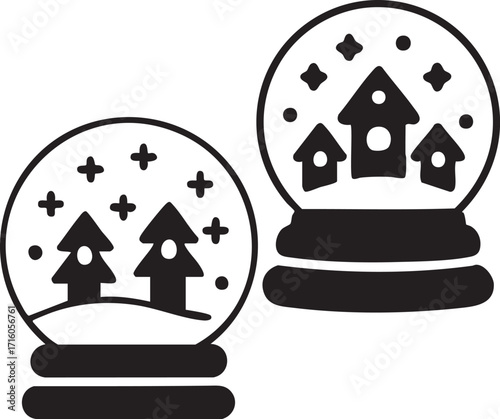Snow globe icon set with Christmas trees & houses – black & white silhouette vector