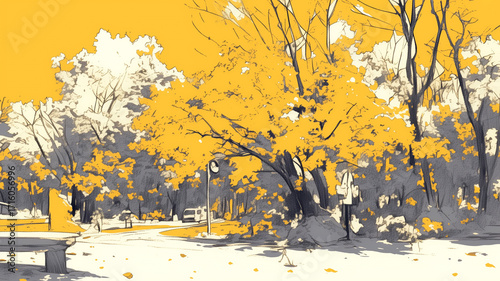 繊細な線と緻密な描写が印象的なポインクペン風の秋の公園、紅葉が色づく静かな自然風景を丁寧に表現した抽象的構図、人物のいない穏やかな雰囲気が漂うアート背景素材