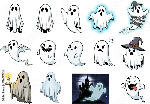 Cute ghost vector illustration set, perfect for Halloween, with various expressions and styles for decorations, stickers, and party invitations.