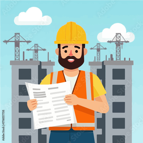 A man in a hardhat with a clipboard and blueprint in hand, representing a contractor or engineer on a construction site