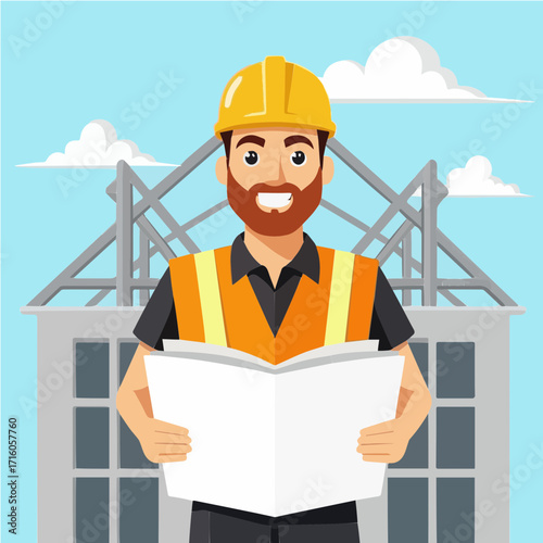 A group of construction workers, architects, and engineers in hardhats review blueprints and a clipboard at a building site