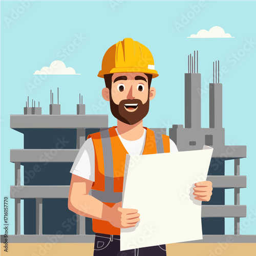 Portrait of a smiling construction foreman with a yellow hardhat and clipboard
