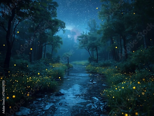 Fototapeta Naklejka Na Ścianę i Meble -  Enchanted forest stream under a starry night sky