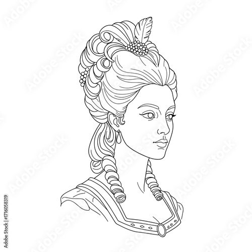 Line drawing of 17th century European noblewoman in profile  