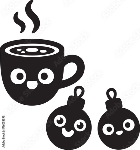 Cute steaming mug with smiling Christmas baubles – black & white holiday vector