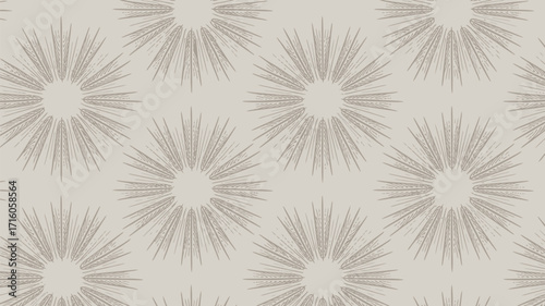 Seamless pattern of stylized sunbursts in neutral tones creating a repetitive decorative background