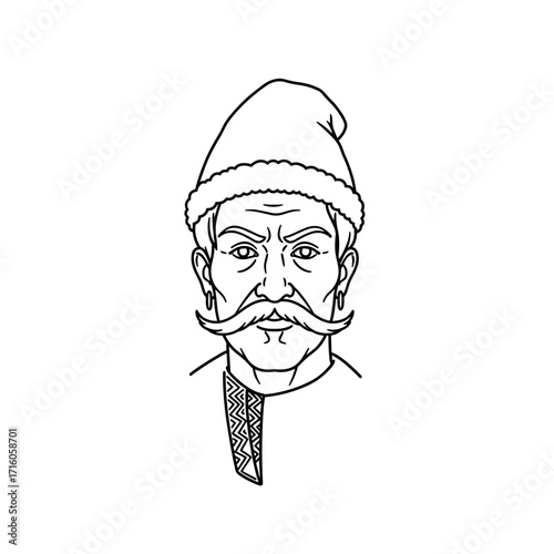 Male Slavic peasant in traditional hat from the 18th century  