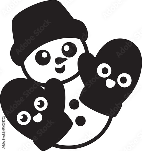 Cute snowman holding smiling mittens – black & white winter silhouette vector