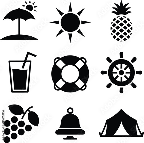 Summer vacation beach travel icons vector set holiday tourism trip silhouette design graphic elements pack