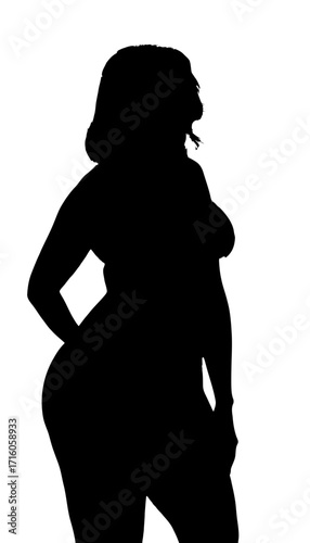 Elegant silhouette of a confident woman with curves, embodying modern beauty, self-love, and body positivity in a striking profile view, perfect for fashion and lifestyle campaigns.