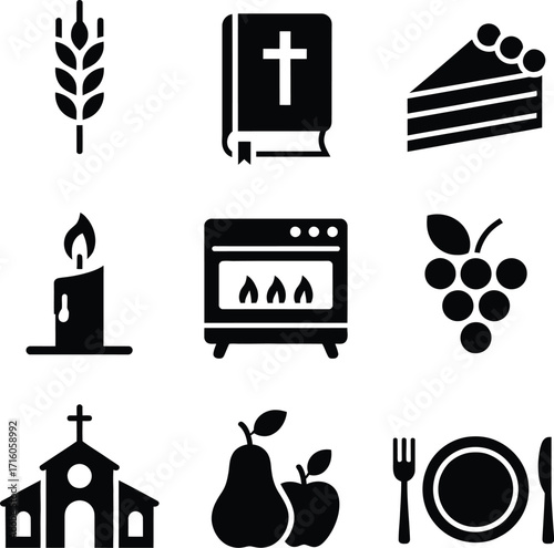 Church communion icons vector illustration set of religious symbols and celebration elements design