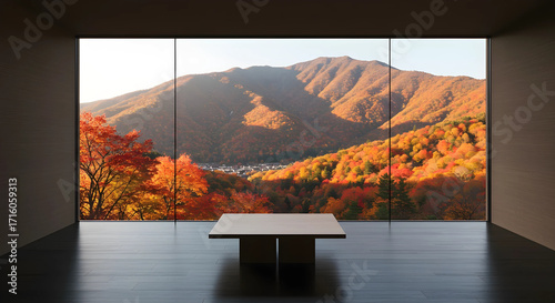 秋の紅葉を望む高級旅館の窓。旅行や癒やしをテーマにした、静かで美しい風景の背景素材。ワイドなコピースペース付き。