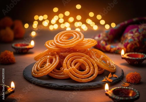Traditional indian jalebi sweets for the diwali festival with burning diya lamps and bokeh