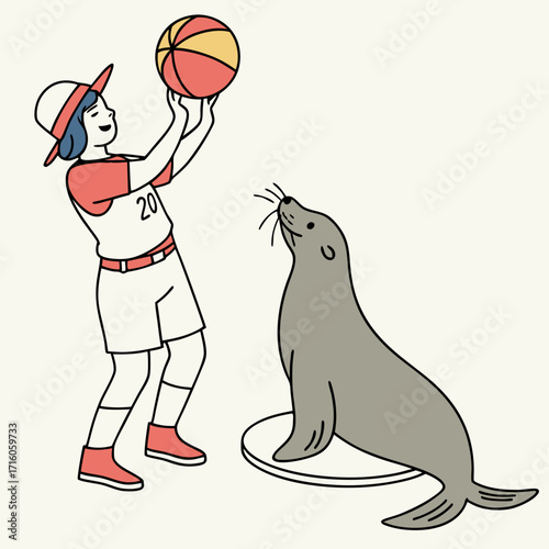 A person in a red and white outfit is throwing a ball to a seal.