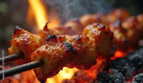 Delicious Chicken Tikka Skewers Cooking Over Hot Flames