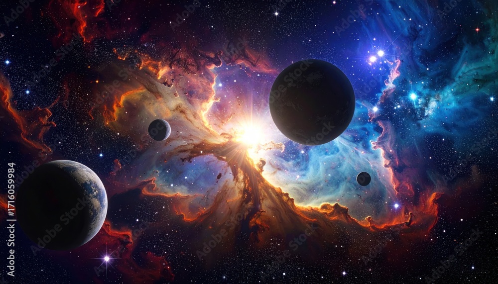 Obraz premium Celestial Symphony A Cosmic Dance of Nebulae and Planets in Deep Space