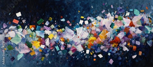 Abstract painting of a colorful, fragmented stream of shapes against a dark blue background