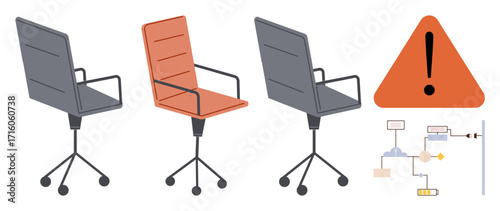 Rotating office chairs, a triangle warning sign with an exclamation mark, and a simple workflow diagram. Ideal for workplace safety, ergonomics, hazard indication, office management, process