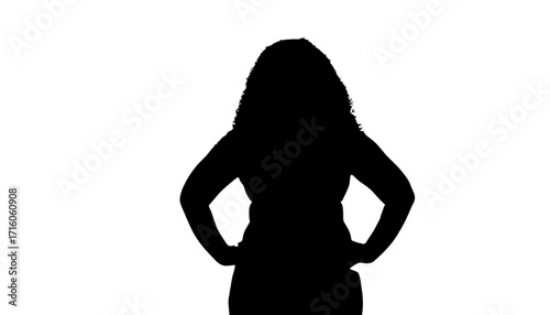 Confident woman with voluminous curly hair stands with hands on hips, projecting strength and determination, perfect for empowerment campaigns and professional branding.