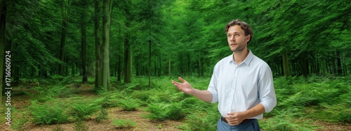 Young Man Gesturing in Lush Green Forest Landscape with Ferns