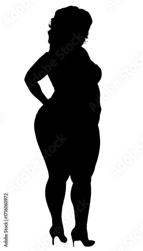 Confident curvy woman posing stylishly in high heels, celebrating body positivity and feminine allure with elegant silhouette