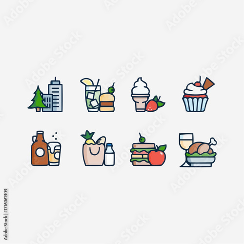 Delightful assortment of food and drink icons creating a fun, vibrant culinary scene with delicious treats, perfect for menus and food-related design projects