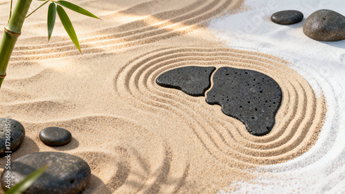 Liver-shaped black stone in a serene Japanese zen garden. A symbol of grounded health, stability, and a natural approach to liver wellness and detox.