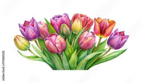 Beautiful watercolor painting of colorful tulips in full bloom on a white background