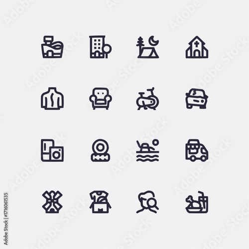 Collection of simple line art icons showcasing camping, buildings, furniture, exercise, food, recreation, religion, and travel destinations in modern style
