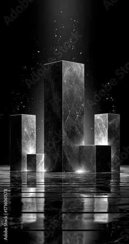 Dark, sleek marble blocks, illuminated, reflecting on a glossy surface, with subtle particle effects