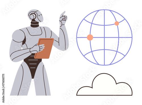 Humanoid robot holding a tablet, pointing to a globe with interconnected dots and a cloud shape. Ideal for artificial intelligence, global networks, technology, connectivity, automation, innovation