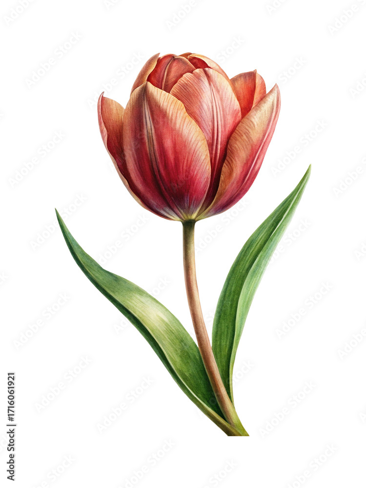 Naklejka premium Detailed watercolor painting of a single red and yellow tulip flower
