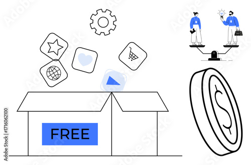 Open box with floating icons for web, shopping, and media, a gear symbolizing settings balancing decision scales with people and a coin representing finance. Ideal for digital access, marketing