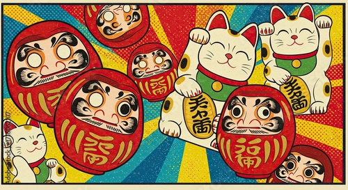A vibrant pop art illustration of Japanese good luck charms, featuring red Daruma dolls and white Maneki-neko beckoning cats.