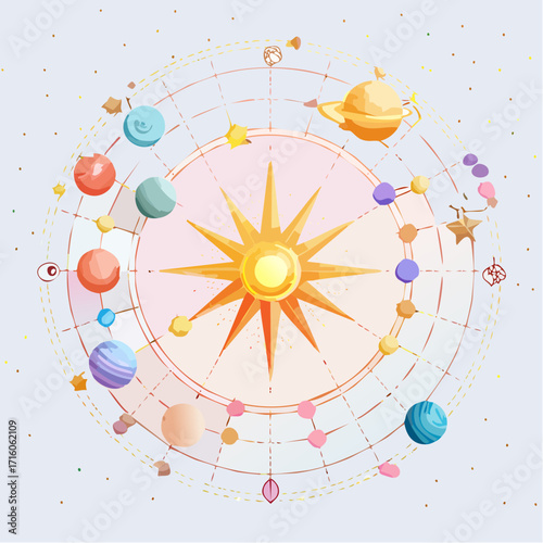 Planets orbiting the sun in a celestial arrangement, showcasing astrology and cosmic connections with soft pastel colors and a dreamy, ethereal mood.